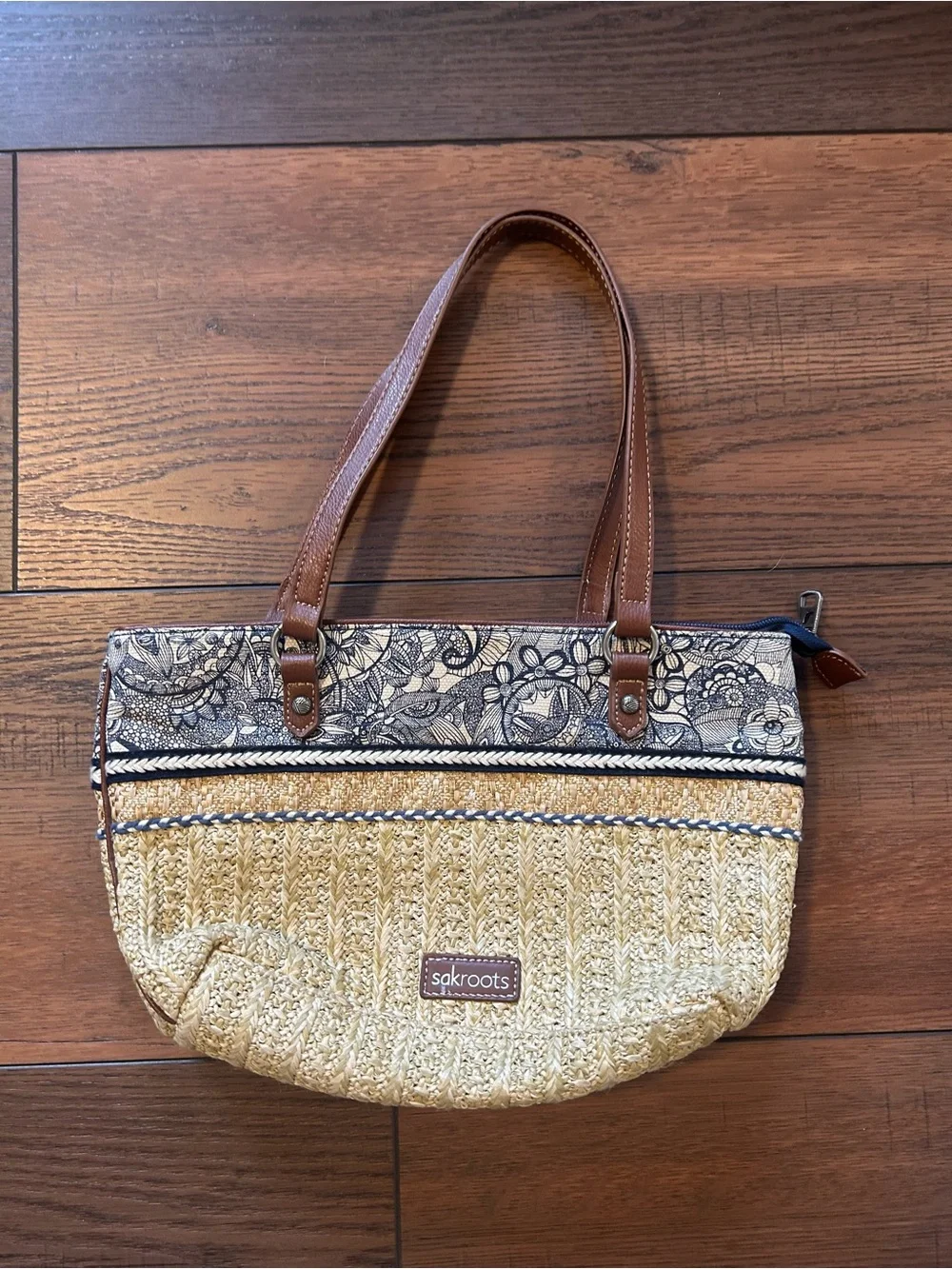 Sakroots Ellis Small Satchel Purse, Woven Straw Tote, Boho Summer Shoulder Purse